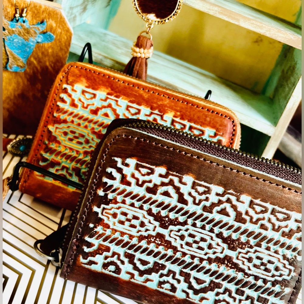 Genuine leather tooled Aztec wallet